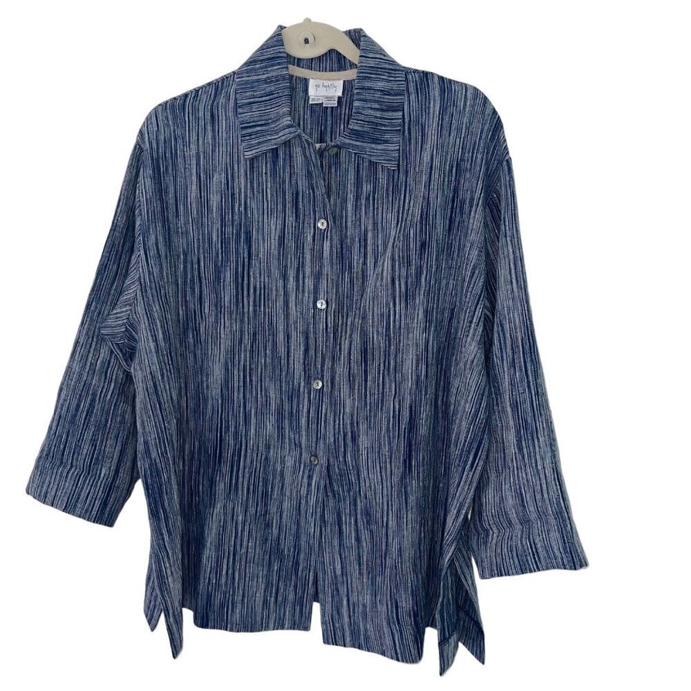 Go Lightly Womens Shirt Blouse One Size Blue Button Down Lagenlook Pure Linen